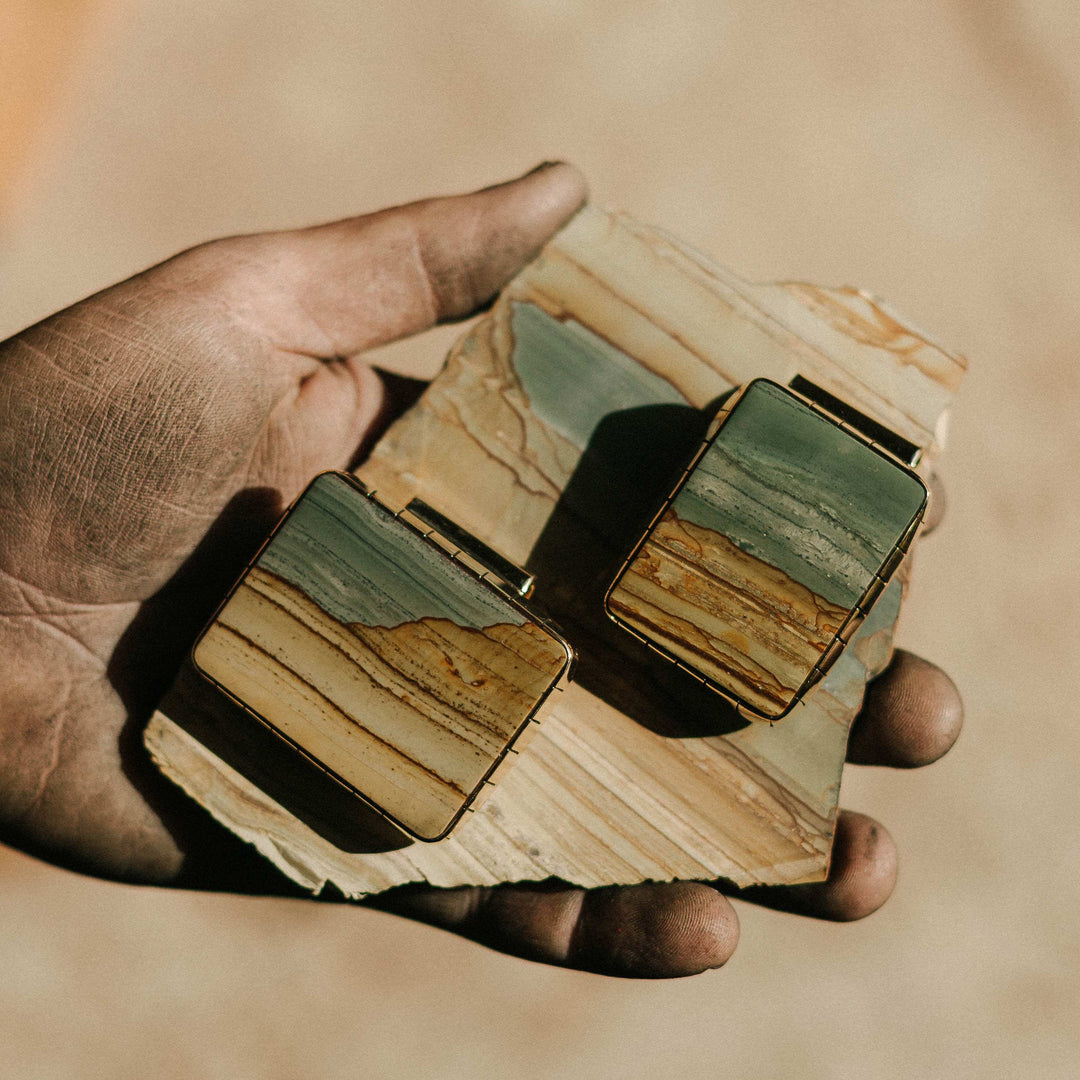 Succor Creek Picture Jasper Money Clip with Slab in Hand