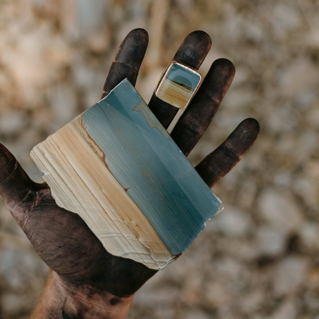Succor Creek Picture Jasper ring with Slab in Hand