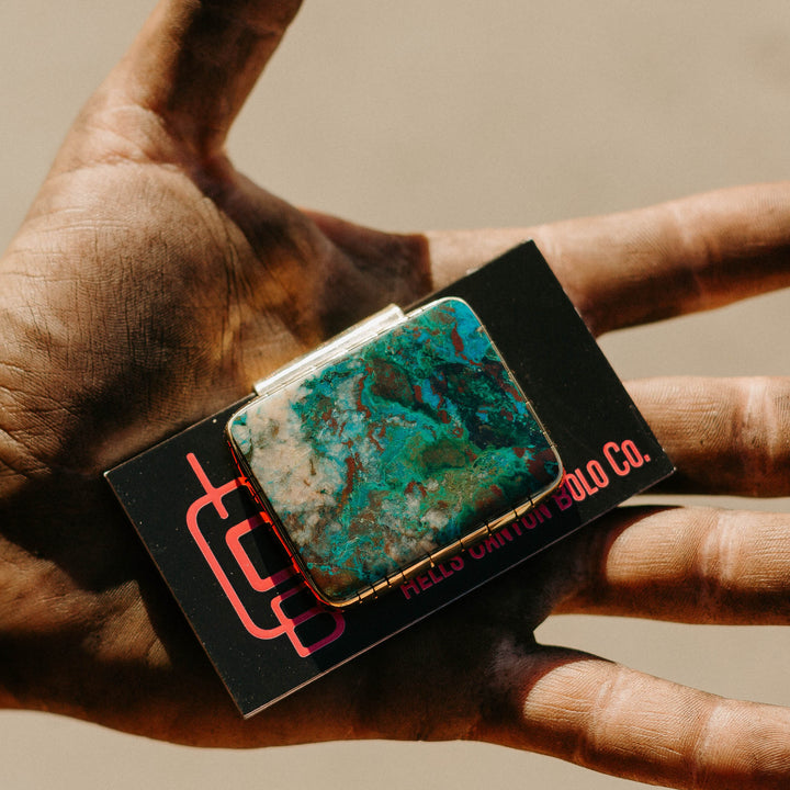Chrysocolla Money Clip with Cards radiating deep blue and turquoise hues