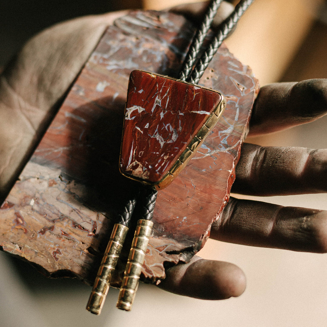 Rattlesnake Jasper bolo tie with slab in hand