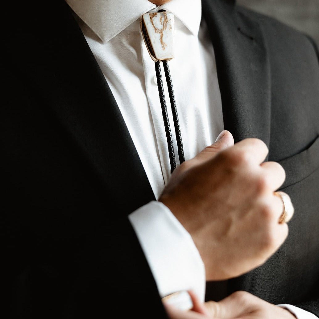 Graveyard Point Plume Agate Wedding Bolo Tie on Groom