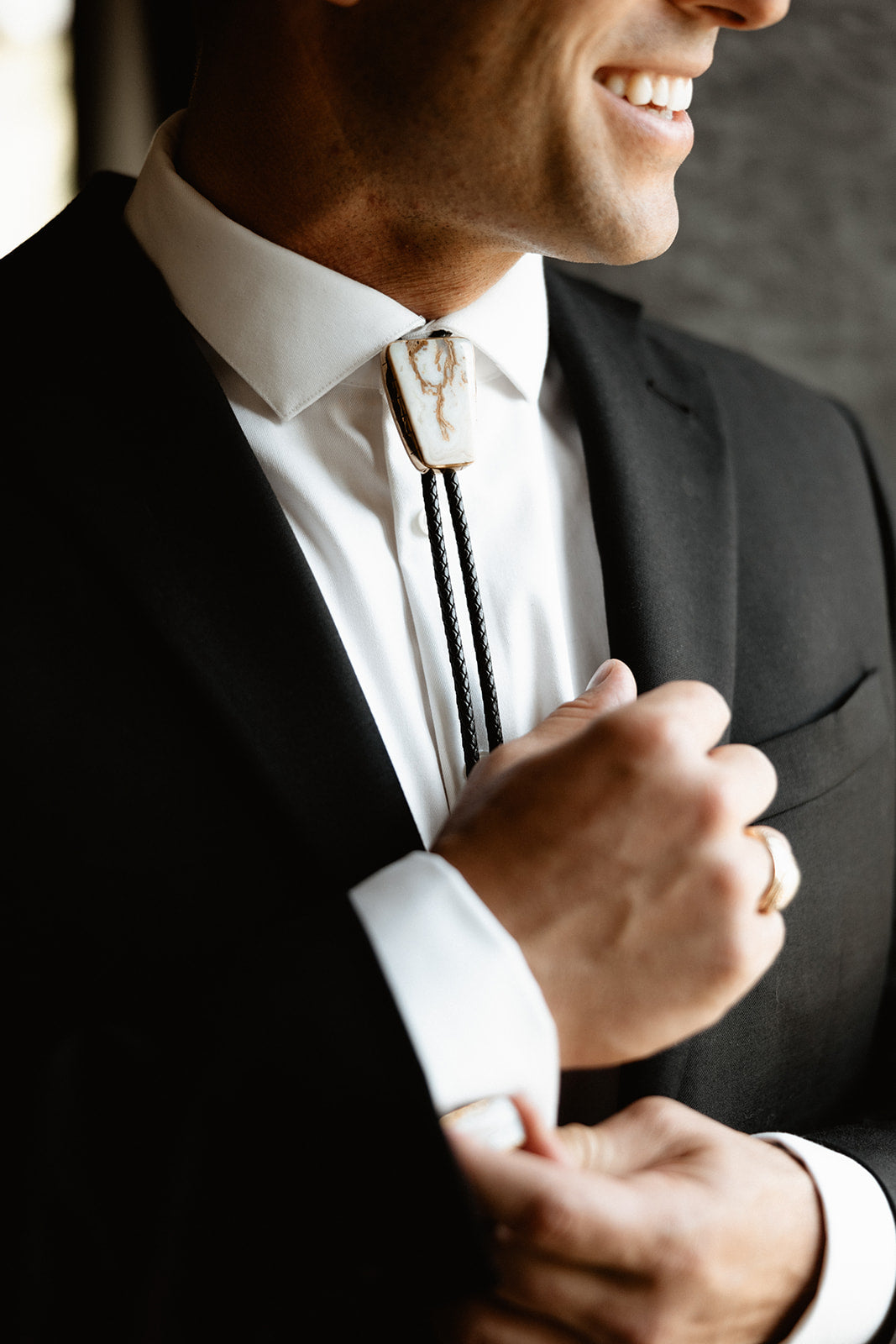 Graveyard Point Plume Agate Bolo Tie on Wedding Groom